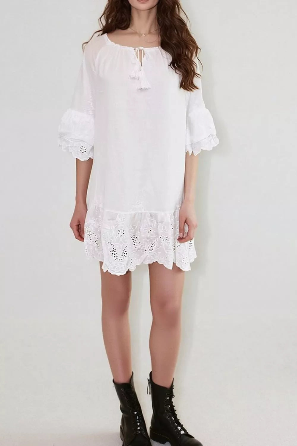 Eyelet Embroidered Tassel Tie Neck Dress in White