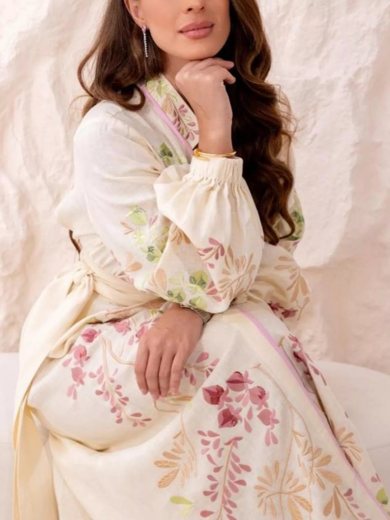 Floral Tie Waist Long-Sleeve Maxi Dress in Color