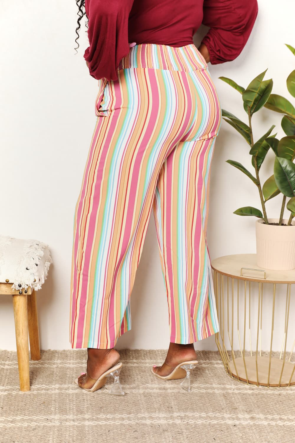 Double Take Striped Smocked Waist Pants with Pockets in Multicolor