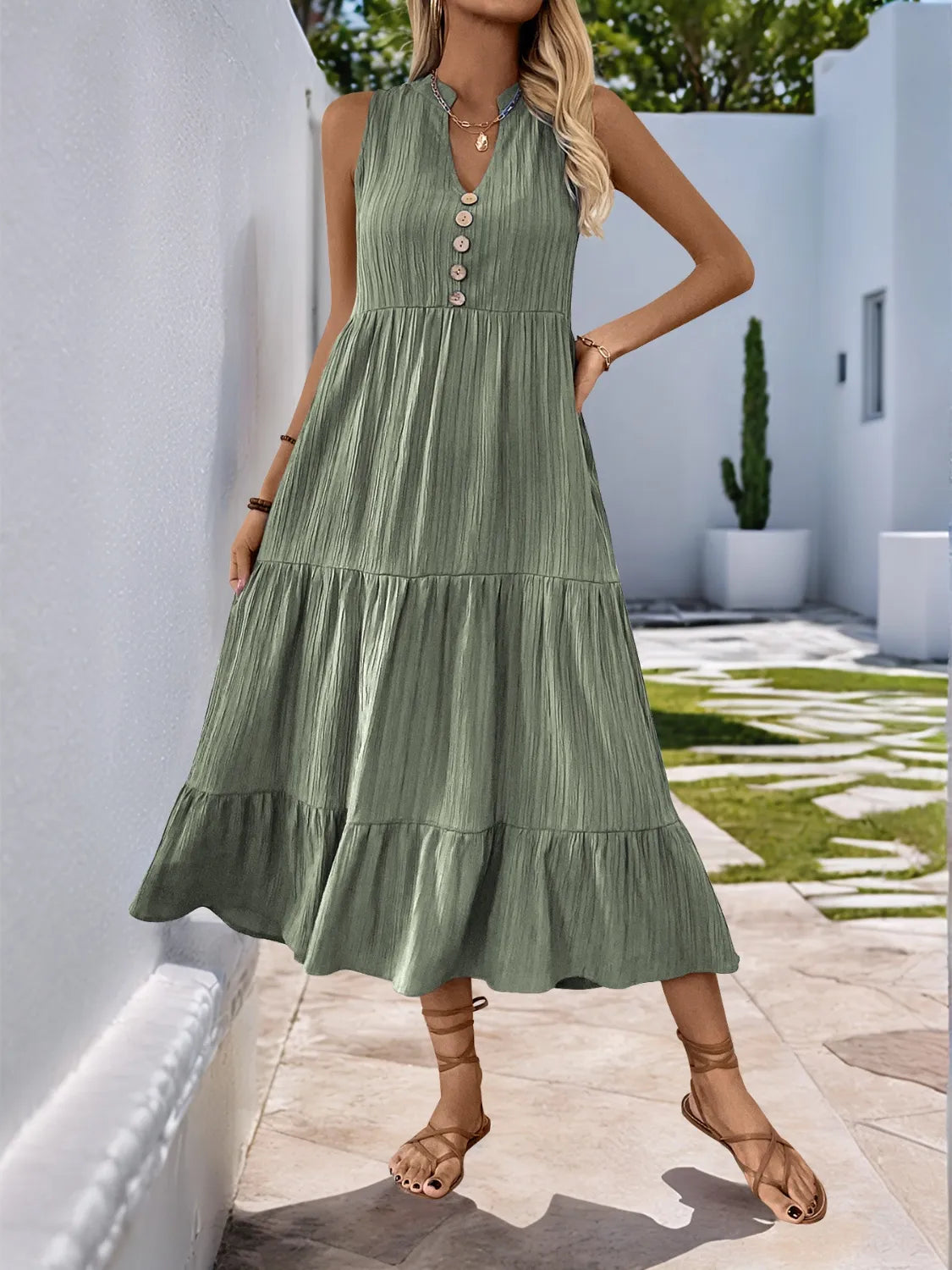 Notched Neckline Tiered Midi Dress