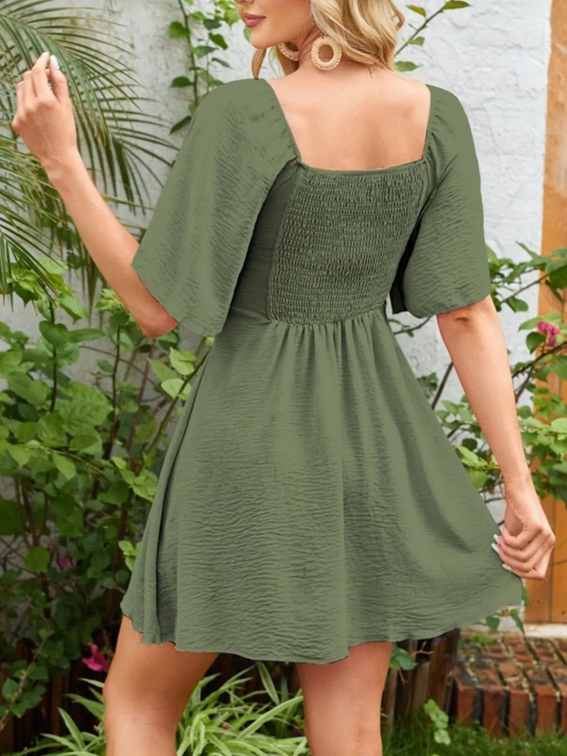 Smocked Back Knotted Flutter Sleeve Dress by Gen Beauty