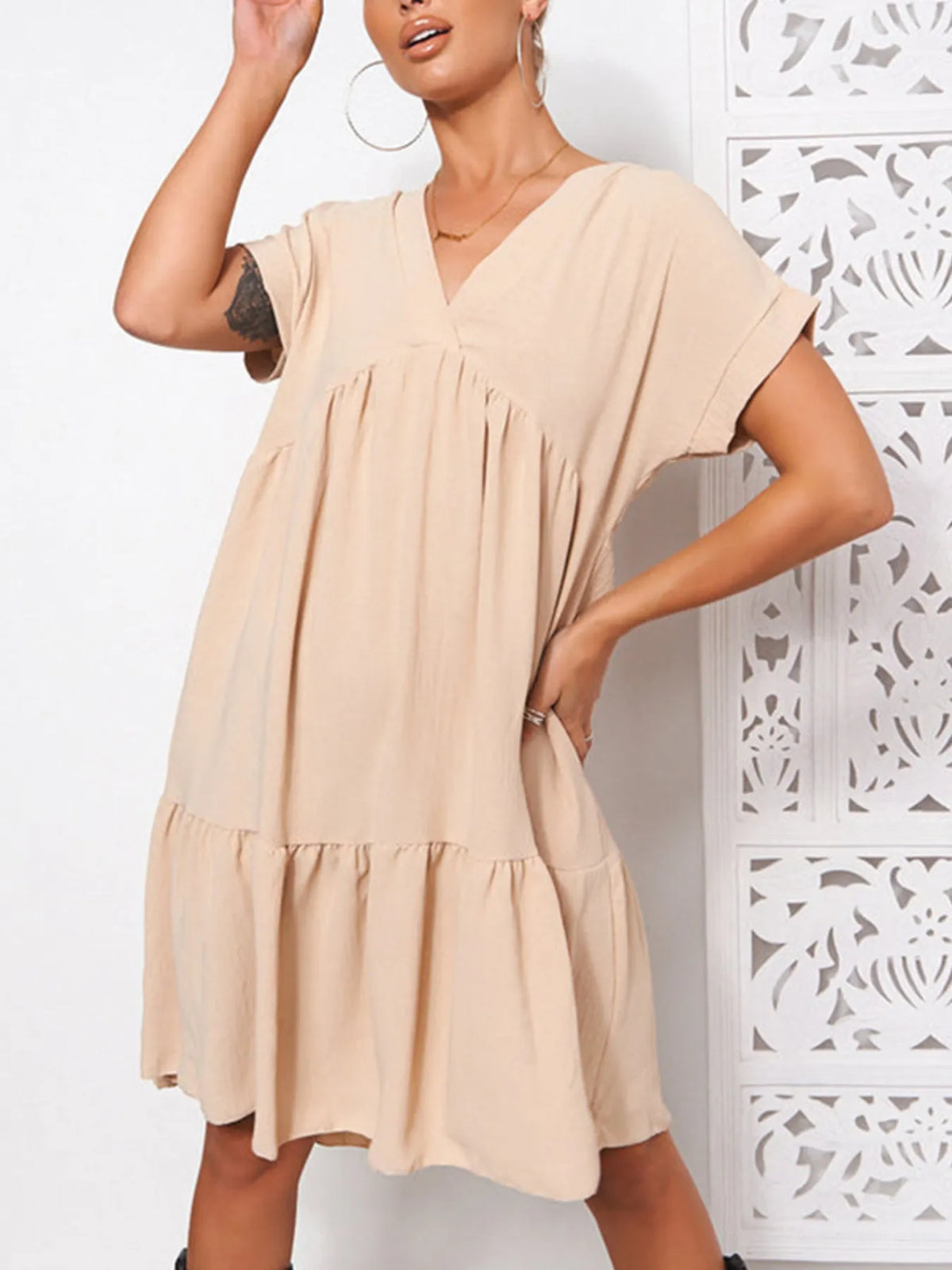 Oversized V-Neck Tiered Mini Dress by ArtisticExpression