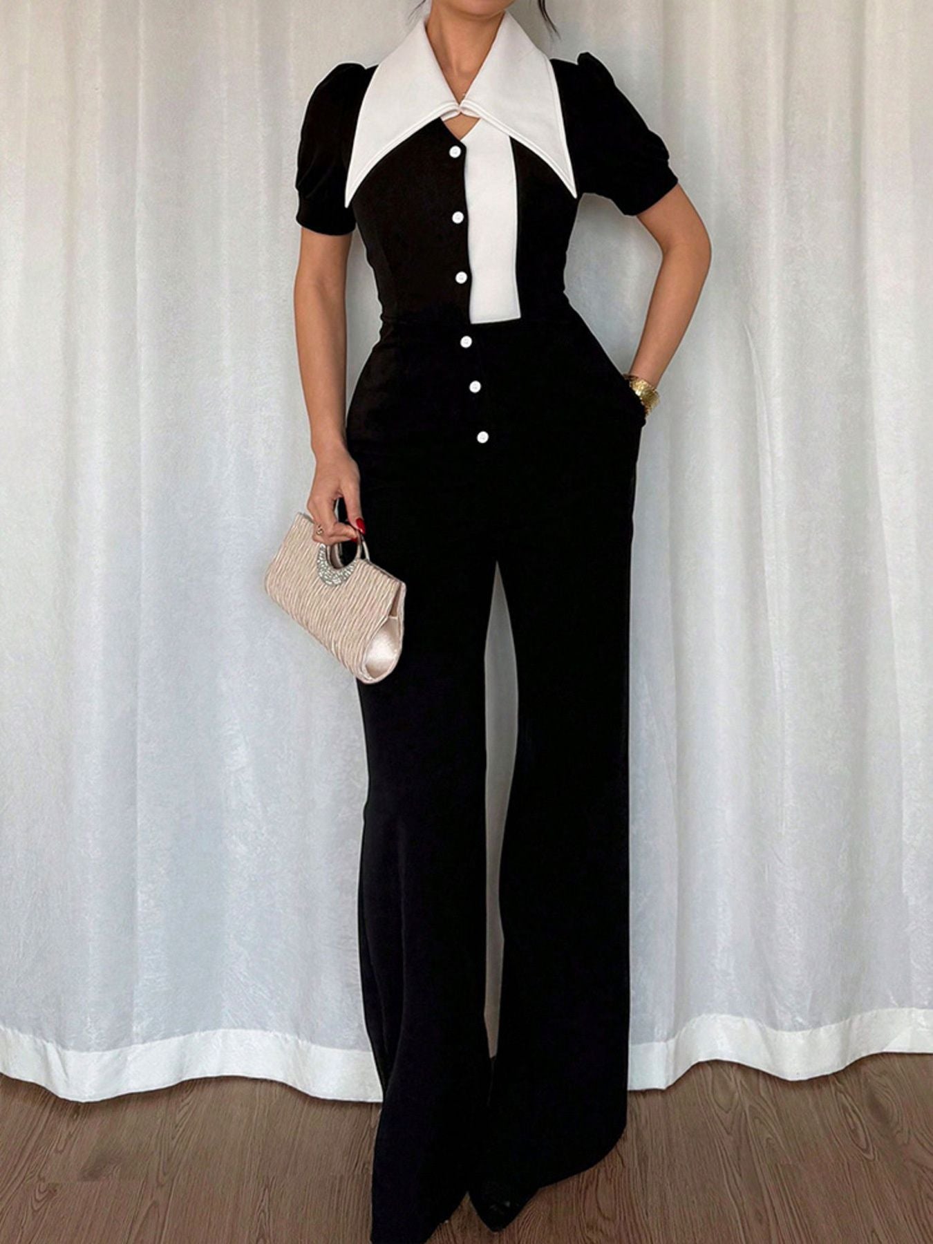 Button-Down Wide Leg Jumpsuit in Black