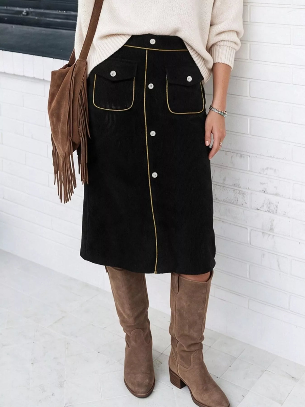 Corduroy Midi Skirt in Black