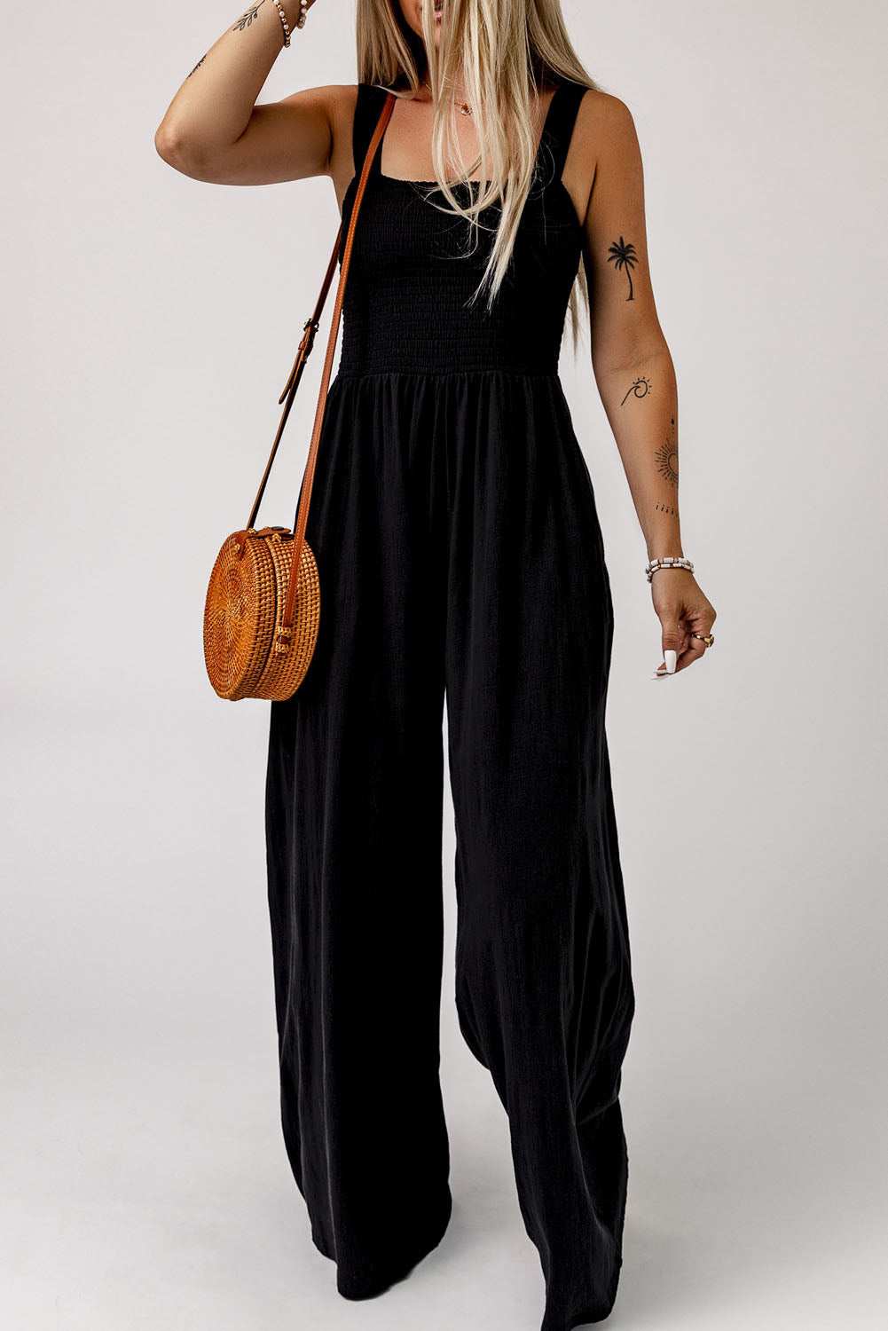 Smocked Square Neck Wide Leg Jumpsuit