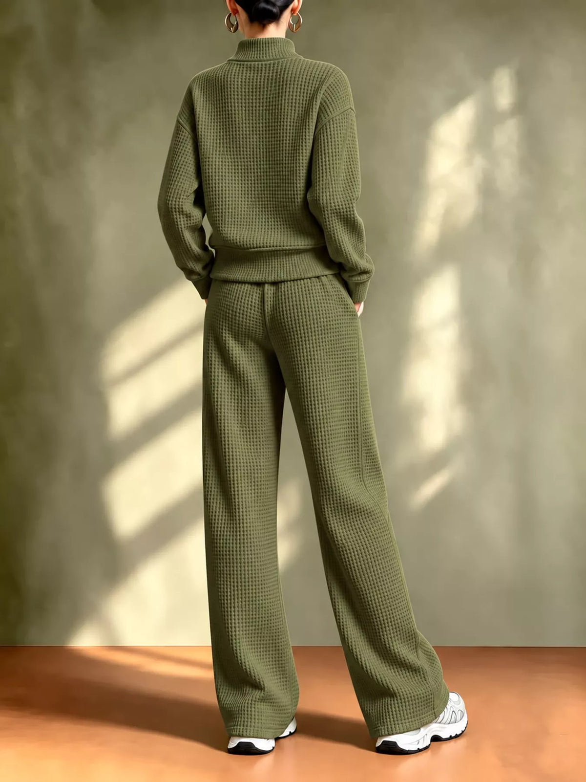 Waffle Knit Button-Up and Wide-Leg Pants Set