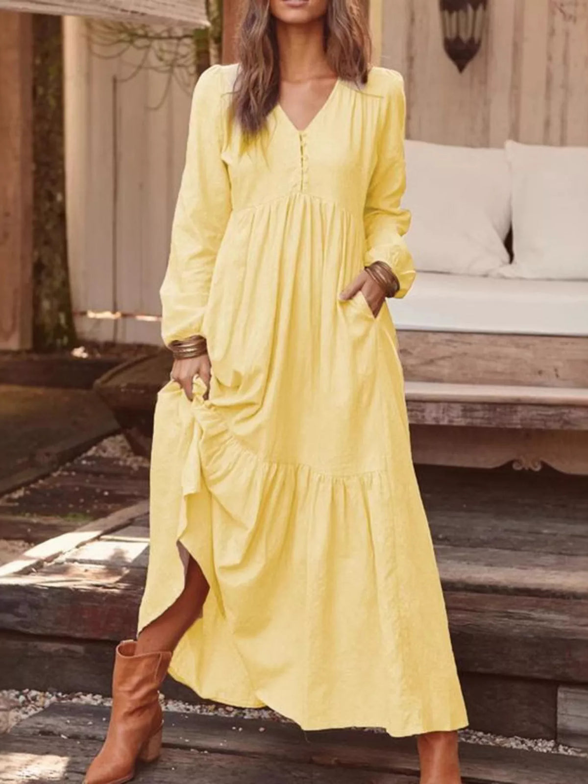 V-Neck Long Sleeve Tiered Maxi Dress with Pockets