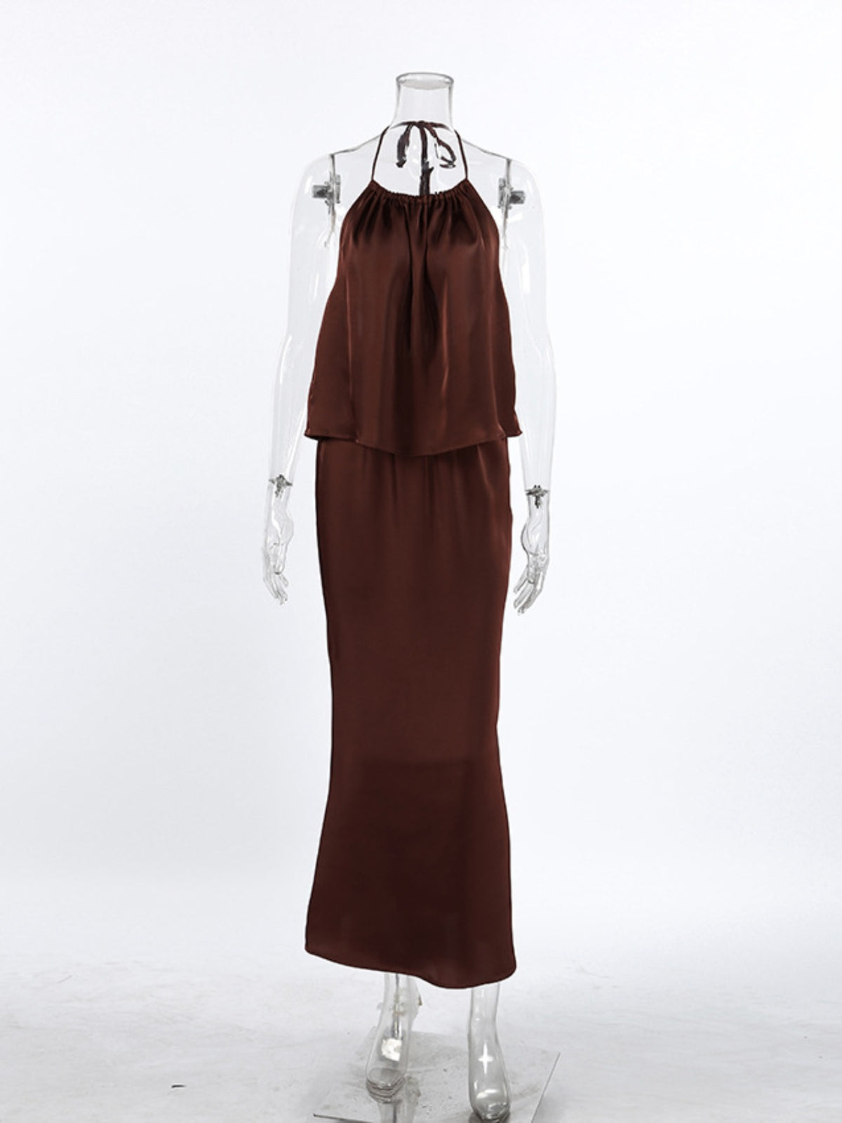 Backless Halter Maxi Dress in Brown