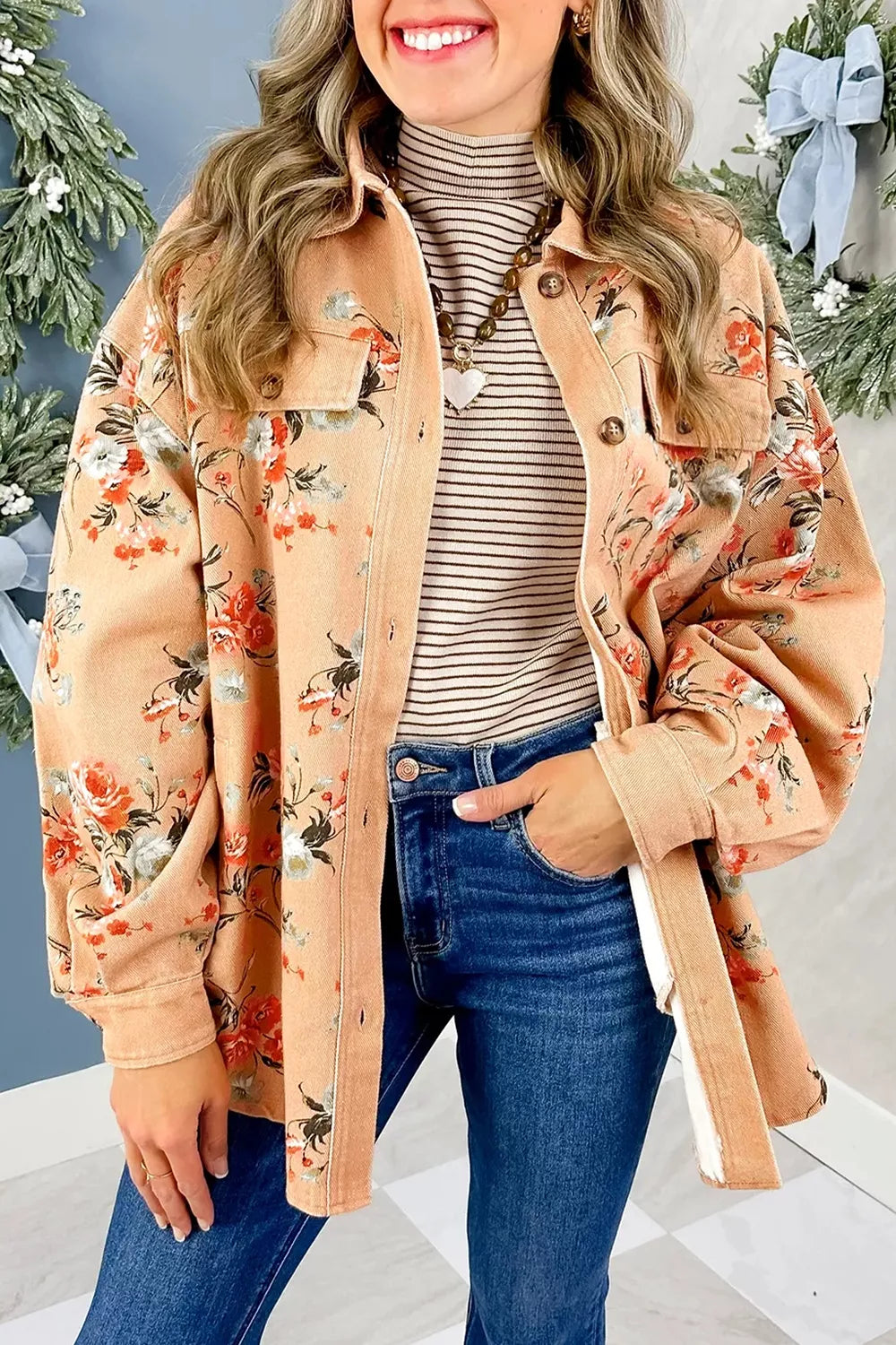Floral Print Denim Jacket in Tan