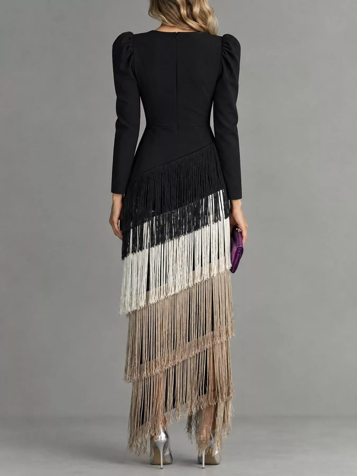 Fringed V-Neck Puff Sleeve Maxi Dress