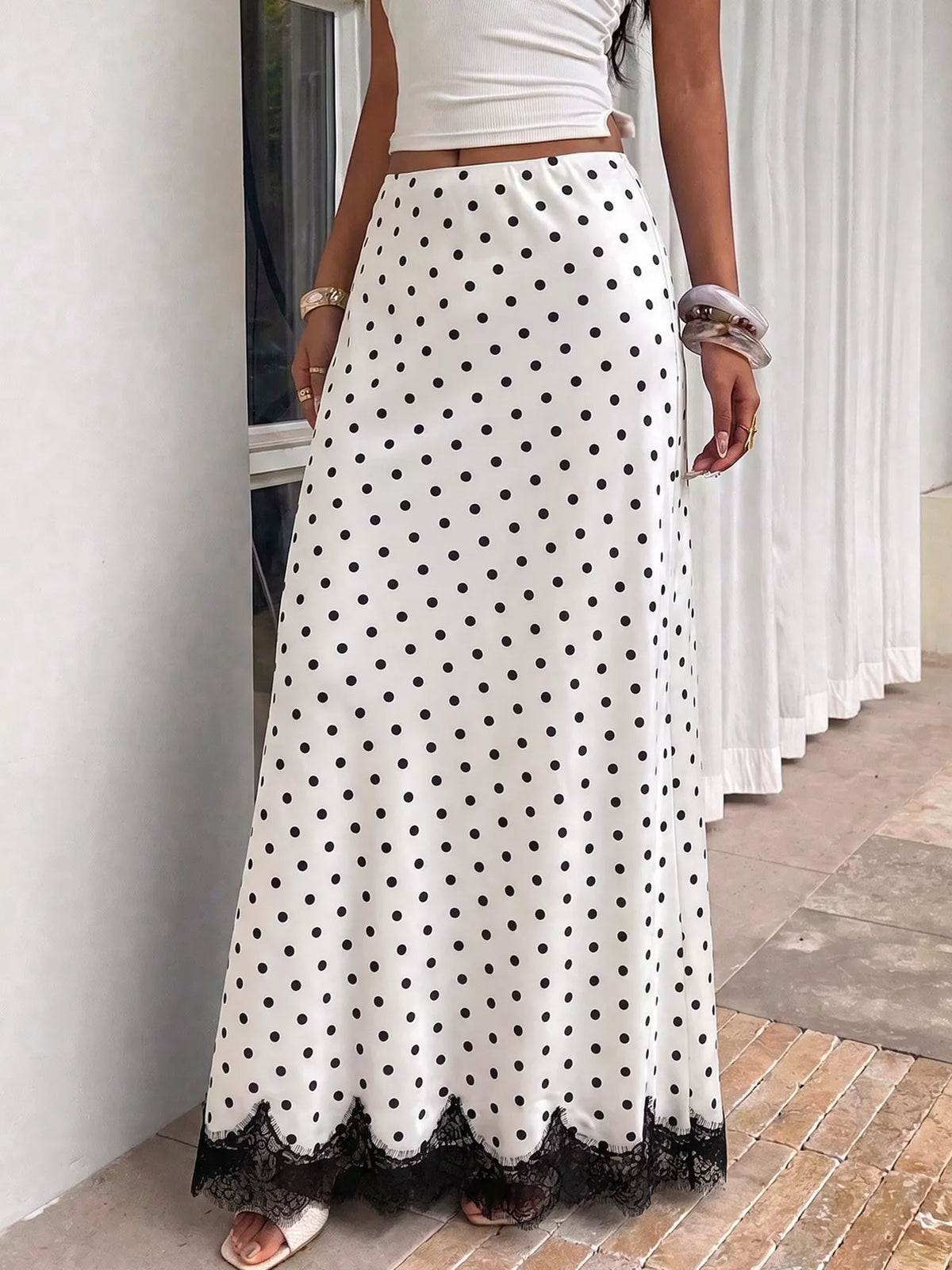 Lace Hem Polka Dot Maxi Skirt in White