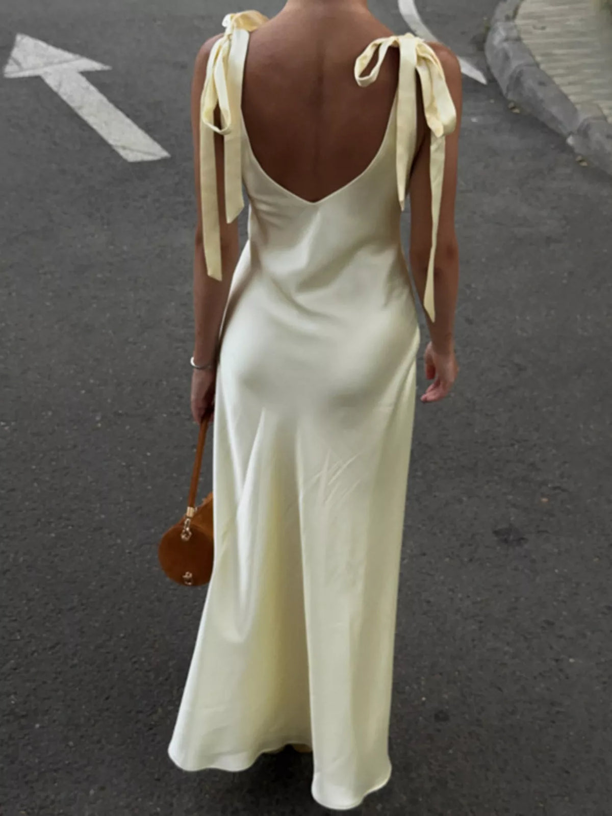 Satin Tie Shoulder Deep V-Neck Dress in Beige