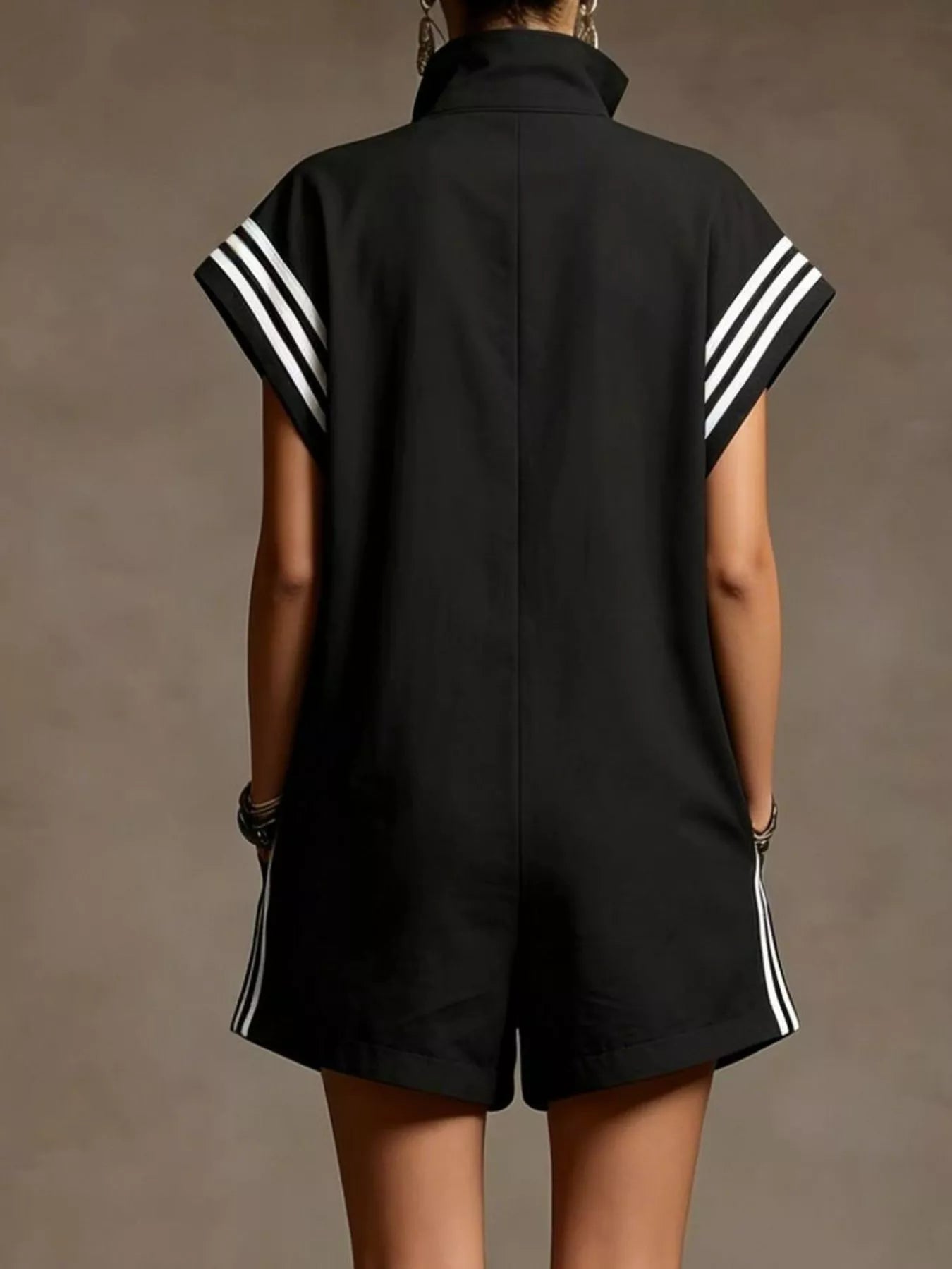 Striped Zip-Front Short-Sleeve Romper