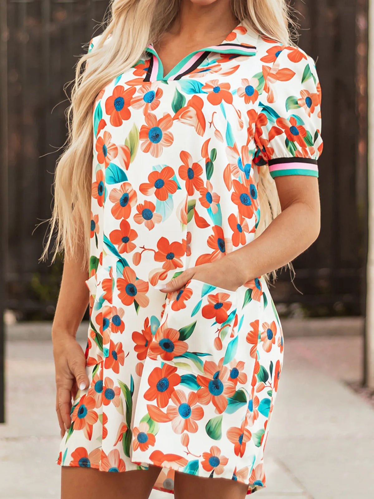 Contrast Trim Floral Tiered Mini Dress