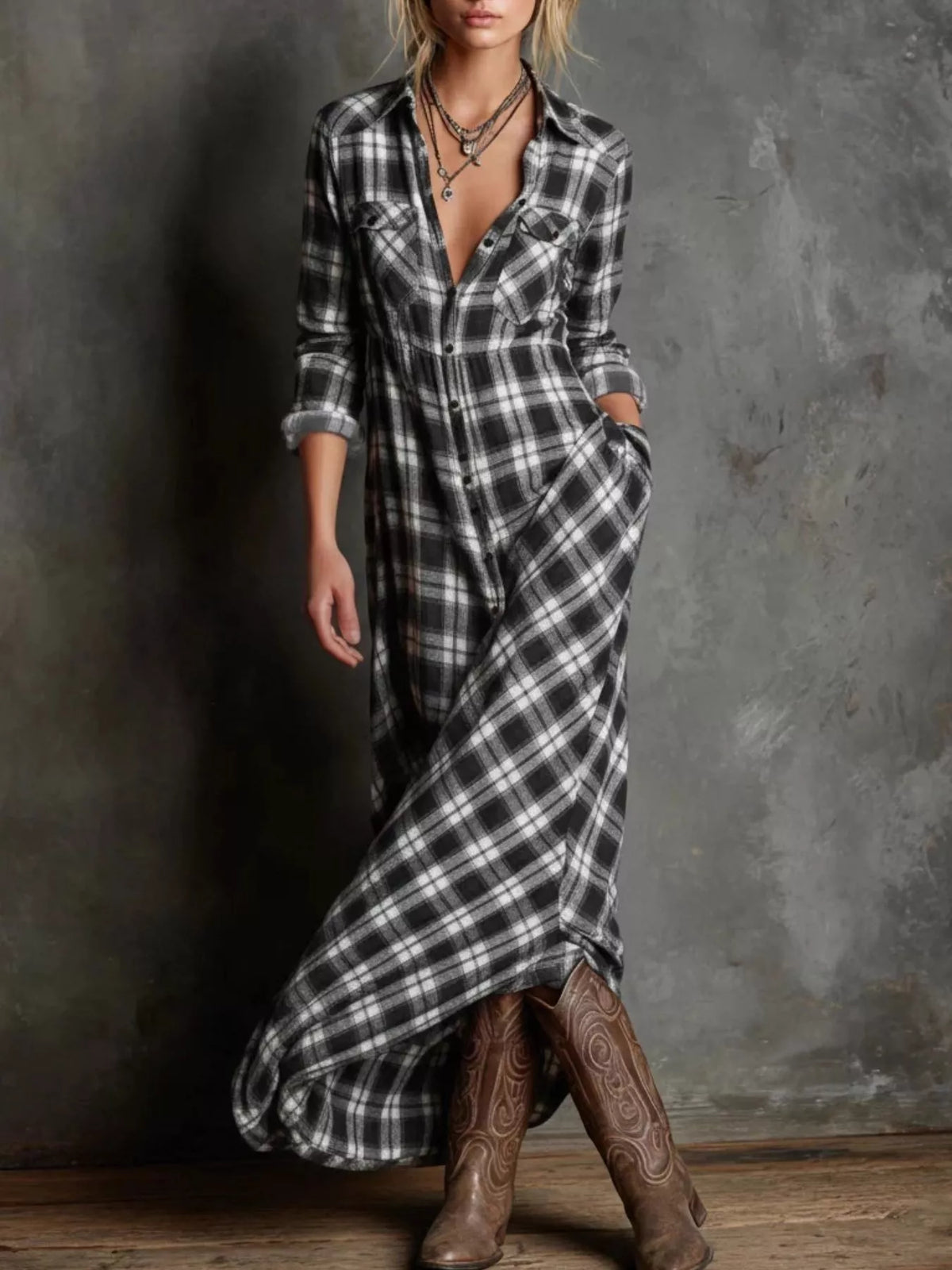 Plaid Button-Down Maxi Dress with Pockets