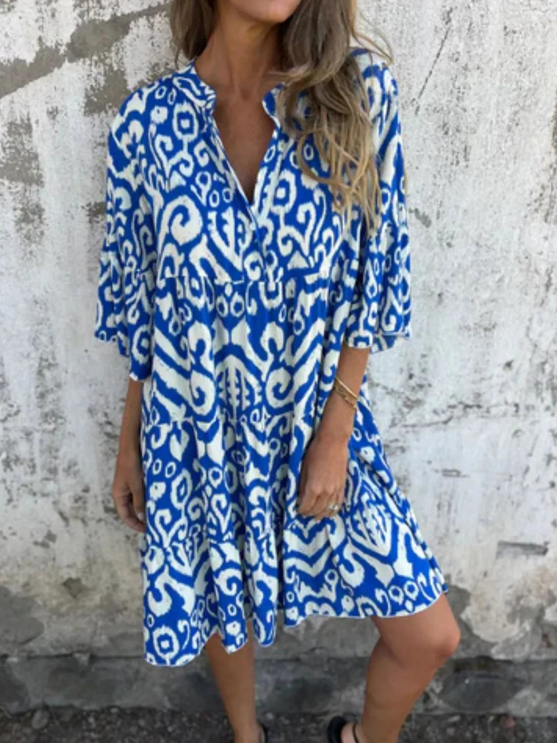 Notched Half Sleeve Printed Plus Size Dress