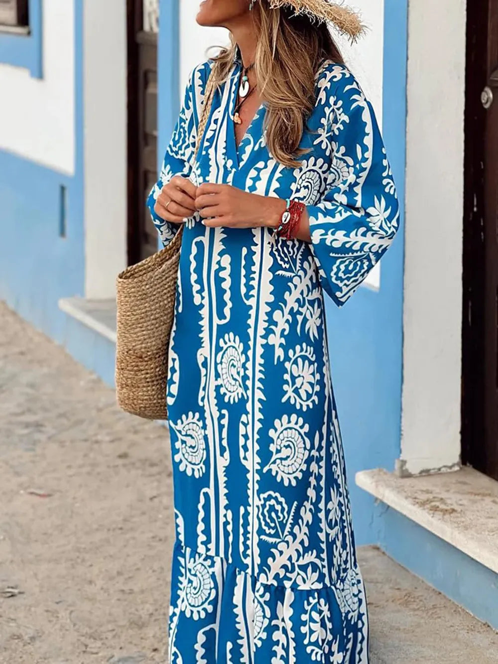 Notched Half Sleeve Maxi Dress in Blue