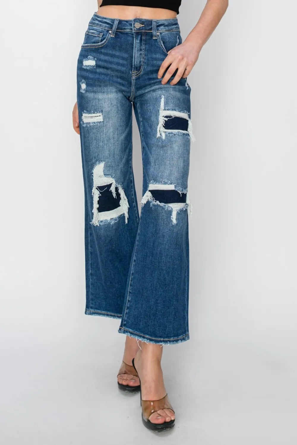 Risen High Rise Patch Detail Wide Leg Crop Jeans in Medium Wash