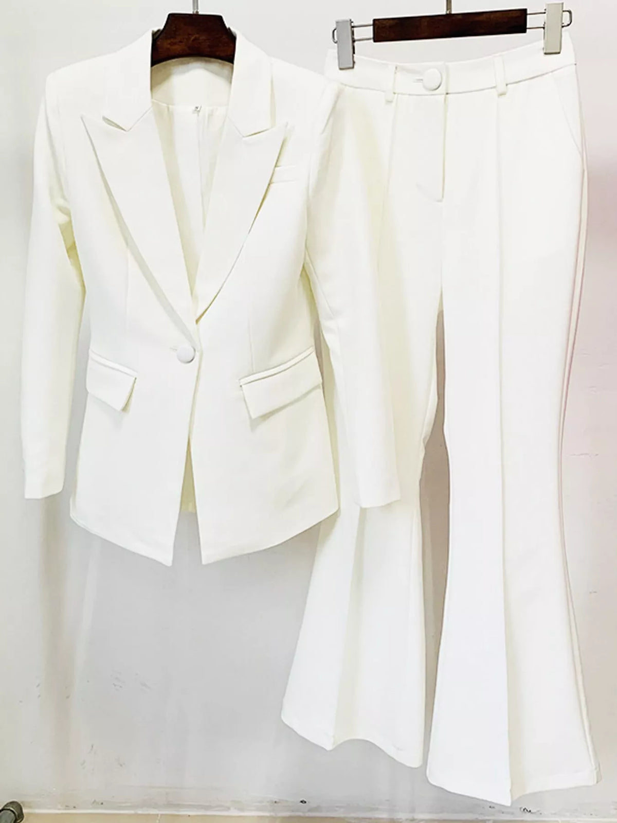 One-Button Blazer and Flared Pants Set in White