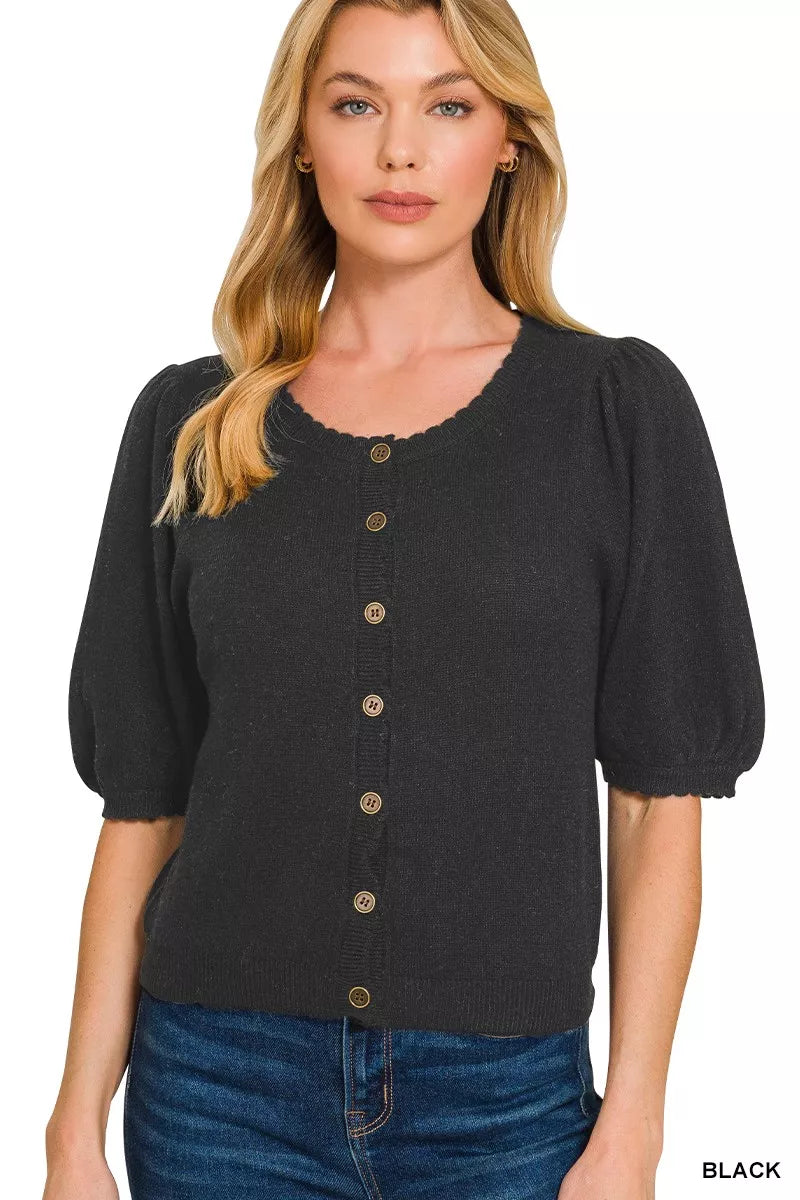 Zenana Puff Sleeve Wool Cardigan in Black