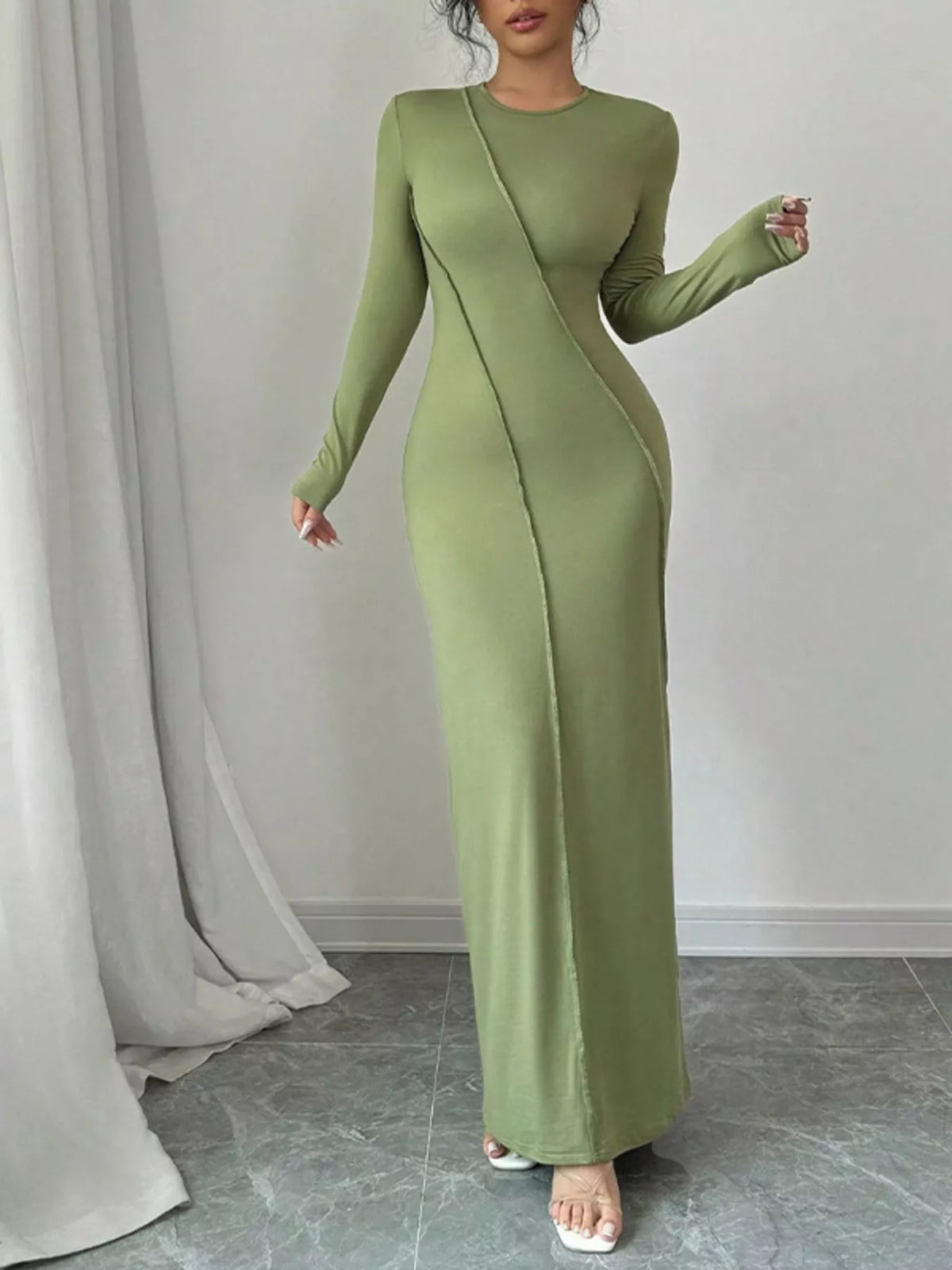Exposed Seam Long Sleeve Maxi Dress in Green by Calliope