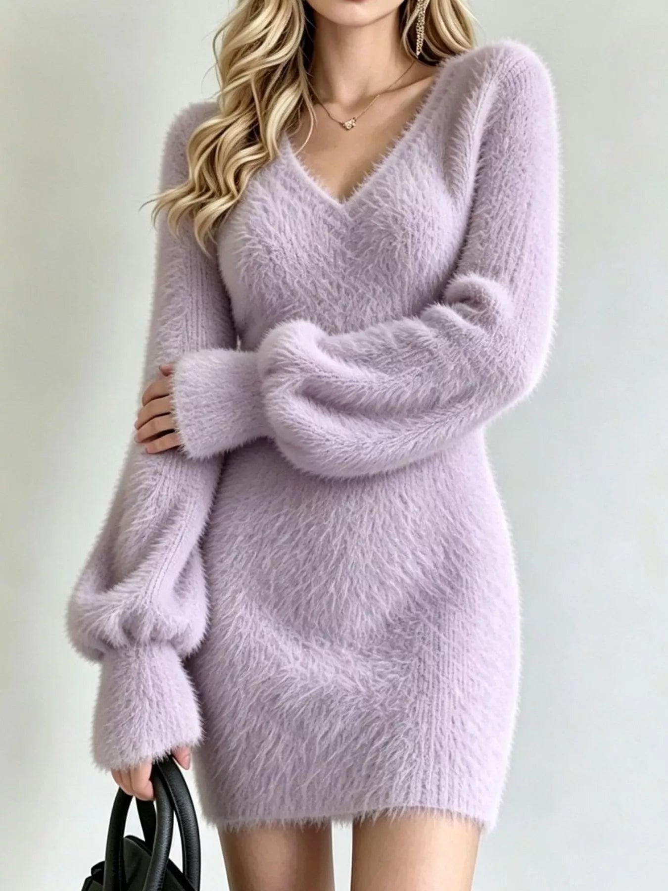 Fuzzy Knit V-Neck Sweater Dress