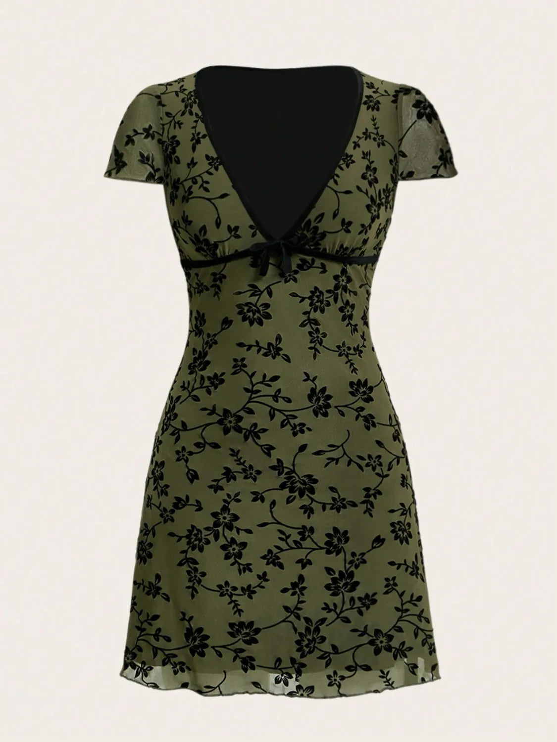 Printed V-Neck Mini Dress in Moss