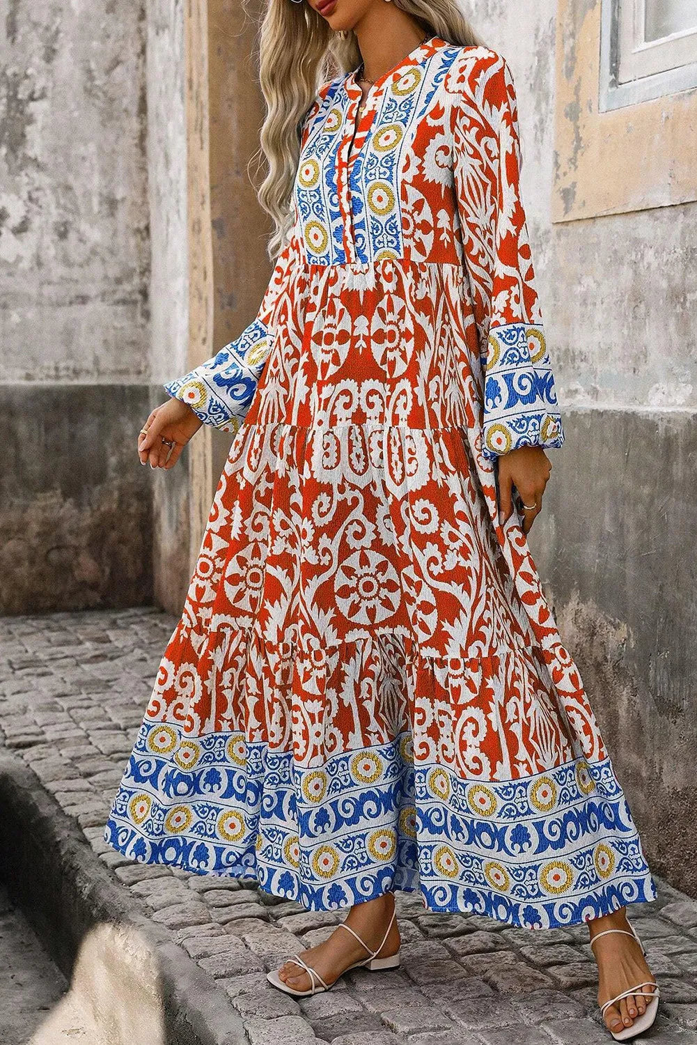 Printed Notched Long Sleeve Maxi Dress in Orange