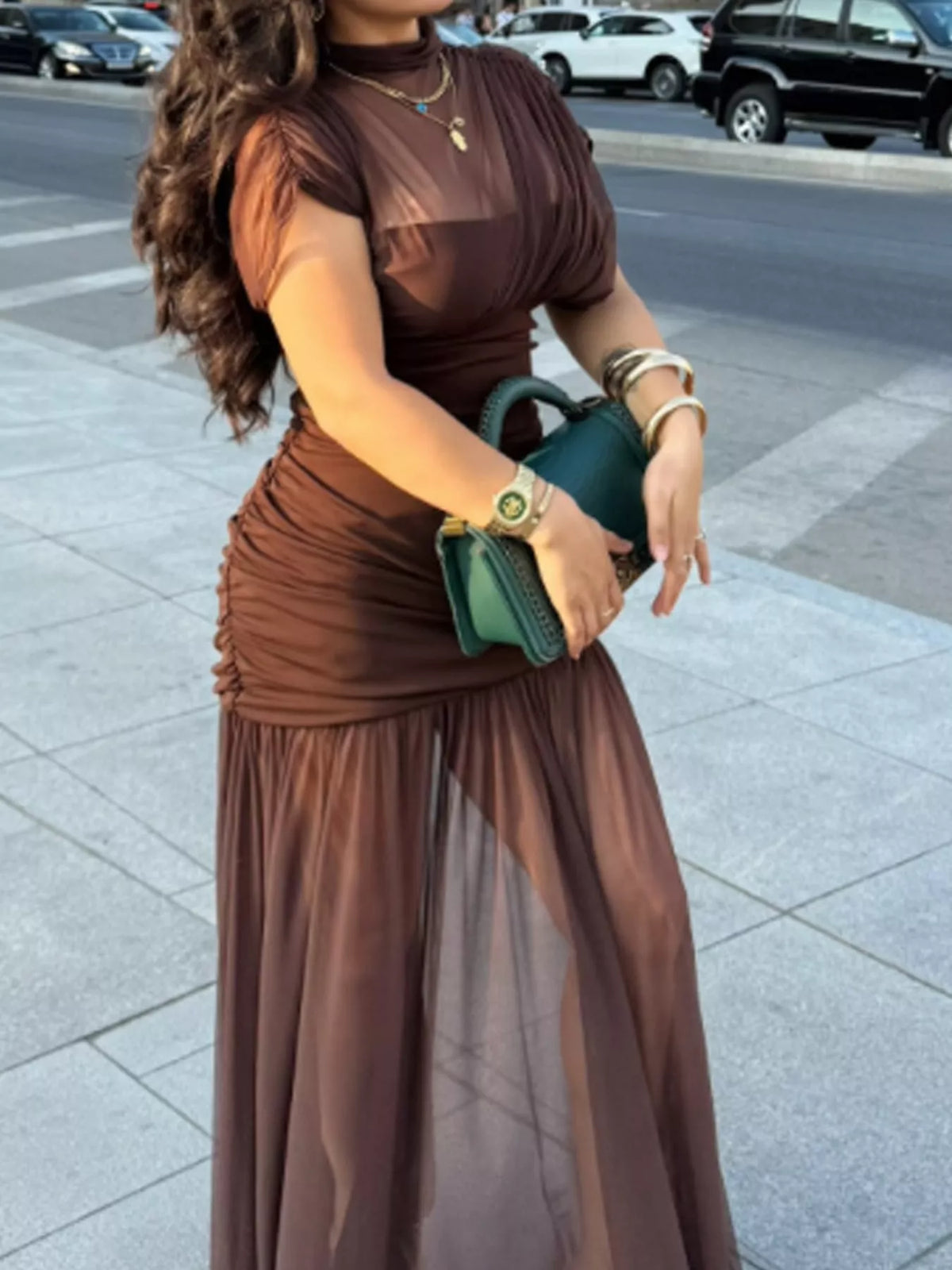 Mock Neck Ruched Mesh Maxi Dress
