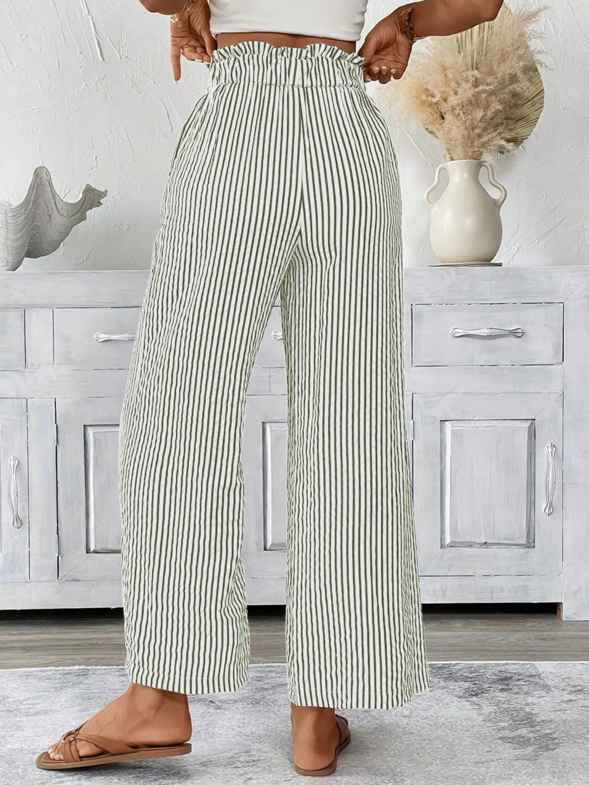 Striped Wide Leg Paper Bag Pants