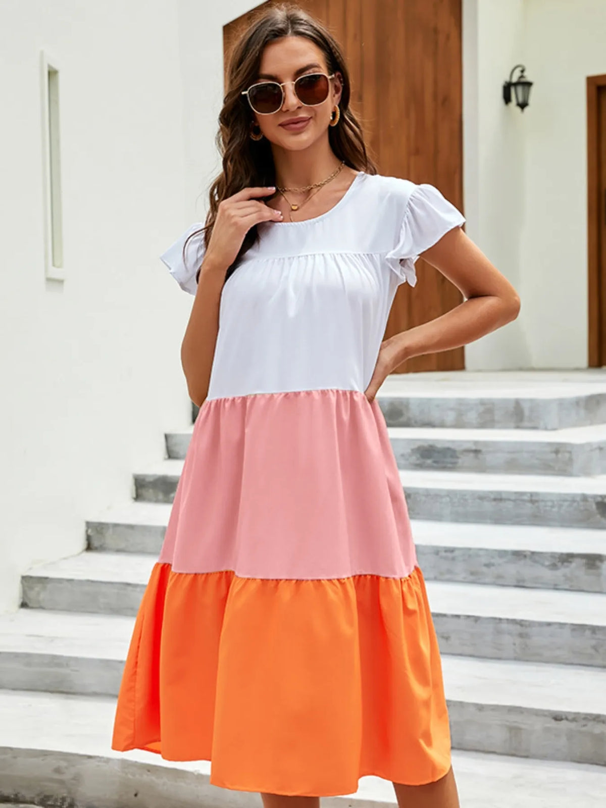 Color Block Tiered Ruffle Dress in Orange by ArtisticExpression