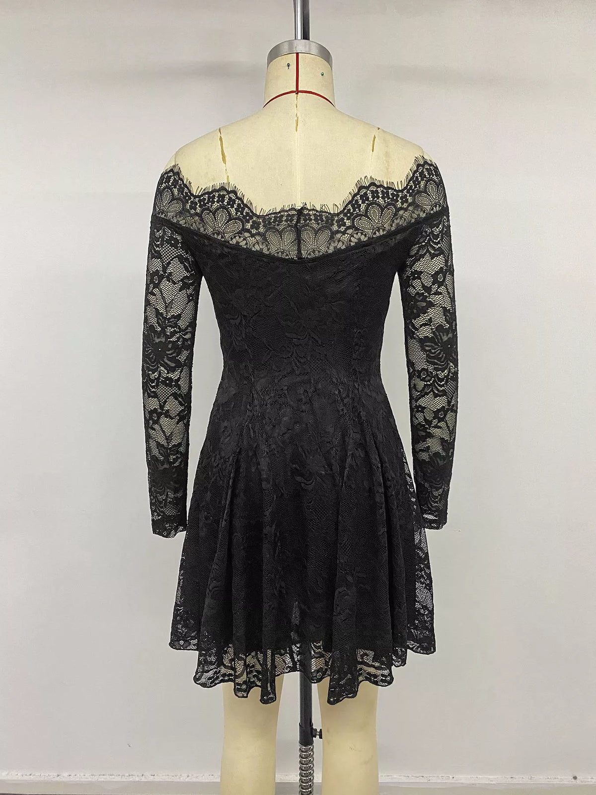 Lace Off Shoulder Mini Dress in Black