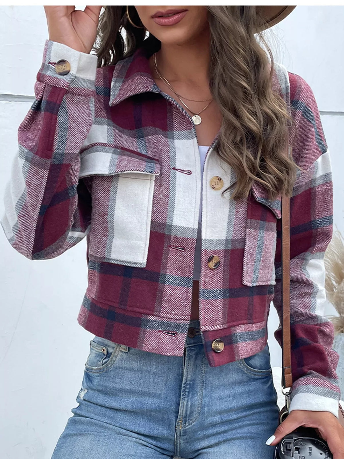 Plaid Button-Up Cropped Jacket