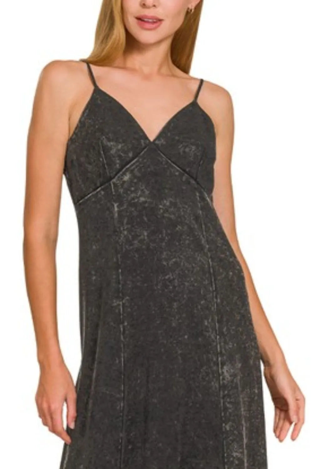 Zenana Tencel Mineral-Washed Maxi Dress in Ash Black