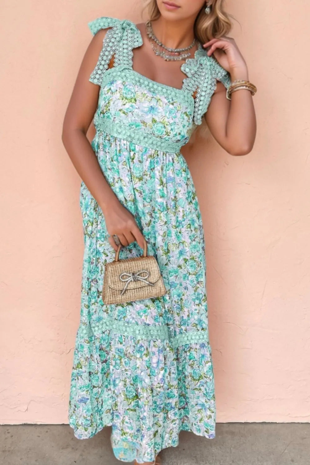 Lace Detail Floral Dress in Turquoise