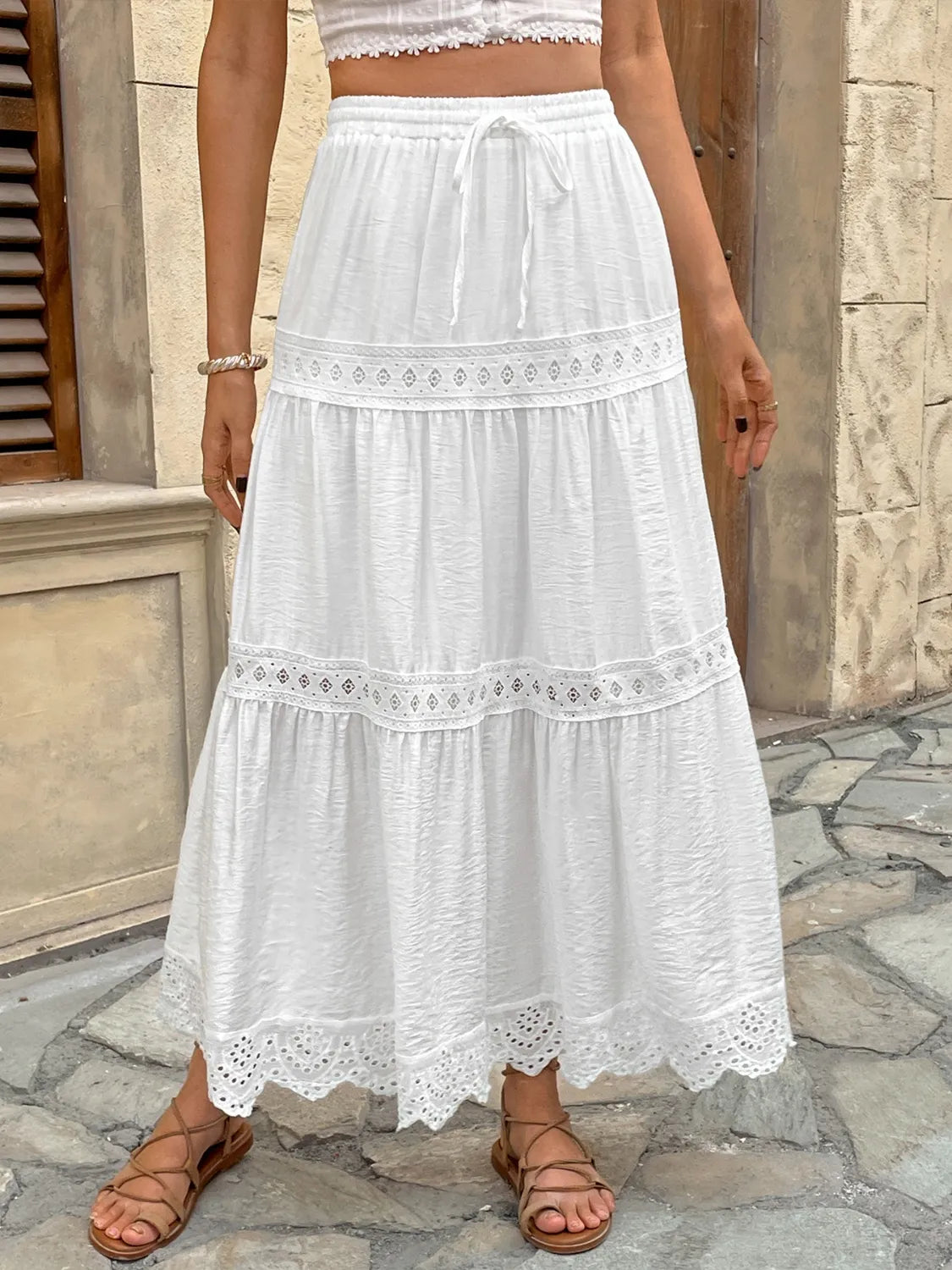Lace Detail Elastic Waist Skirt in White