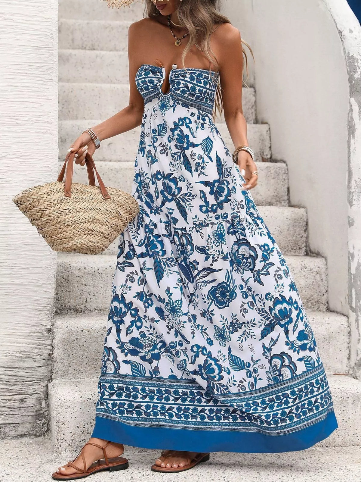 Floral Print Strapless Maxi Dress in Blue