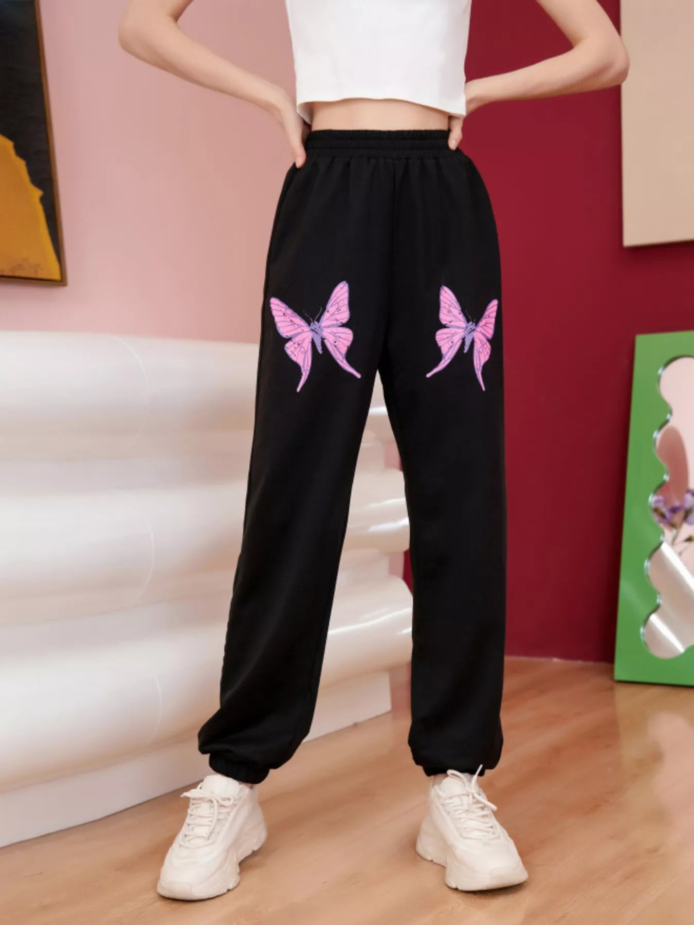 Butterfly Print Casual Sweatpants in Black