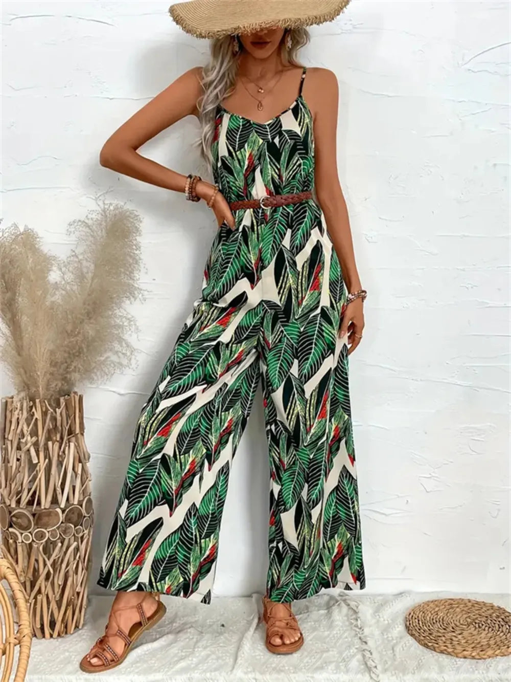 Tropical Print Wide Leg Jumpsuit in Dark Green