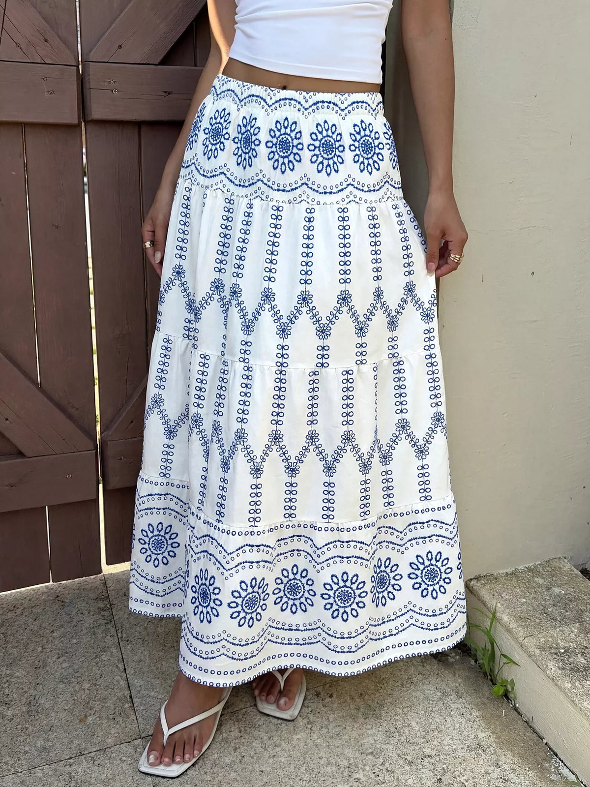 Printed Tiered Maxi Skirt in Blue