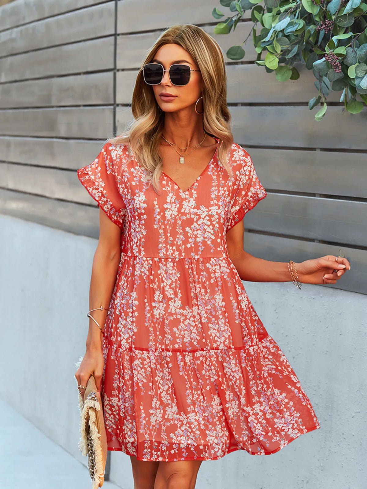 Floral V-Neck Tiered Ruffle Mini Dress by Elaine