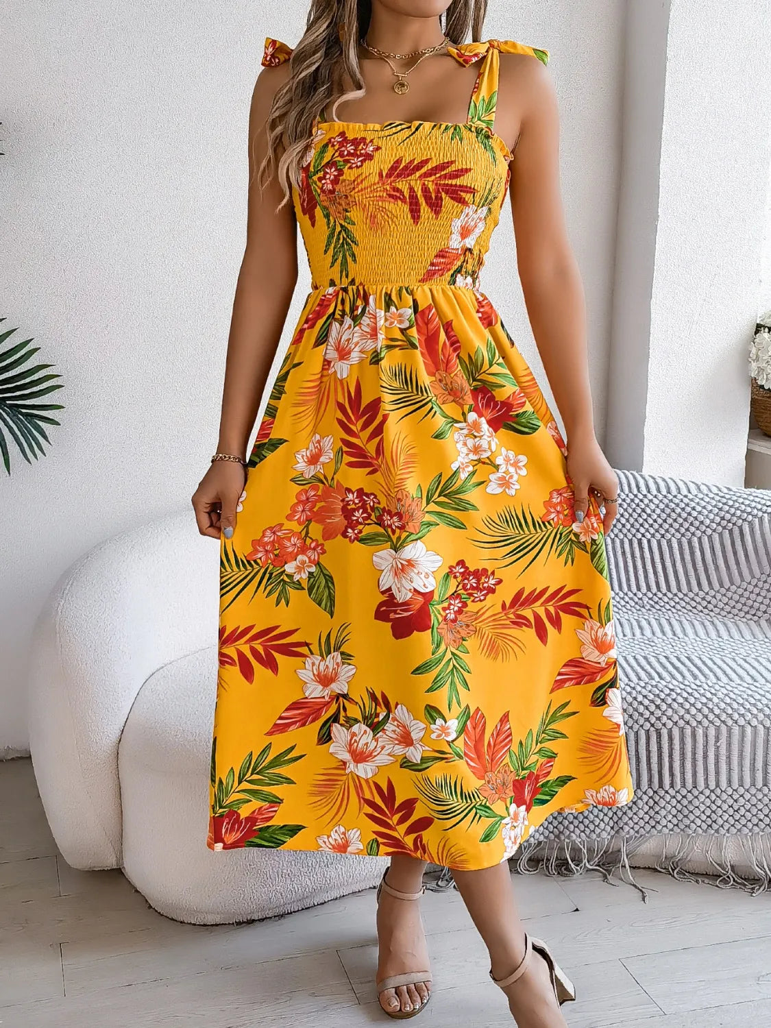 Smocked Floral Tie-Shoulder Midi Dress