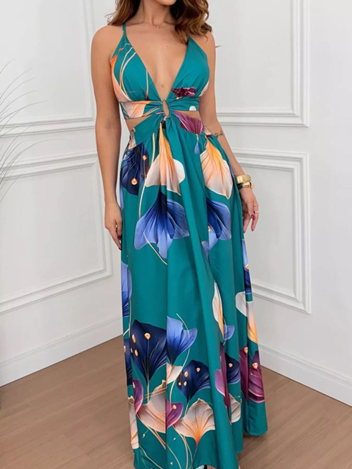 Tropical Print Plunge Cutout Maxi Dress