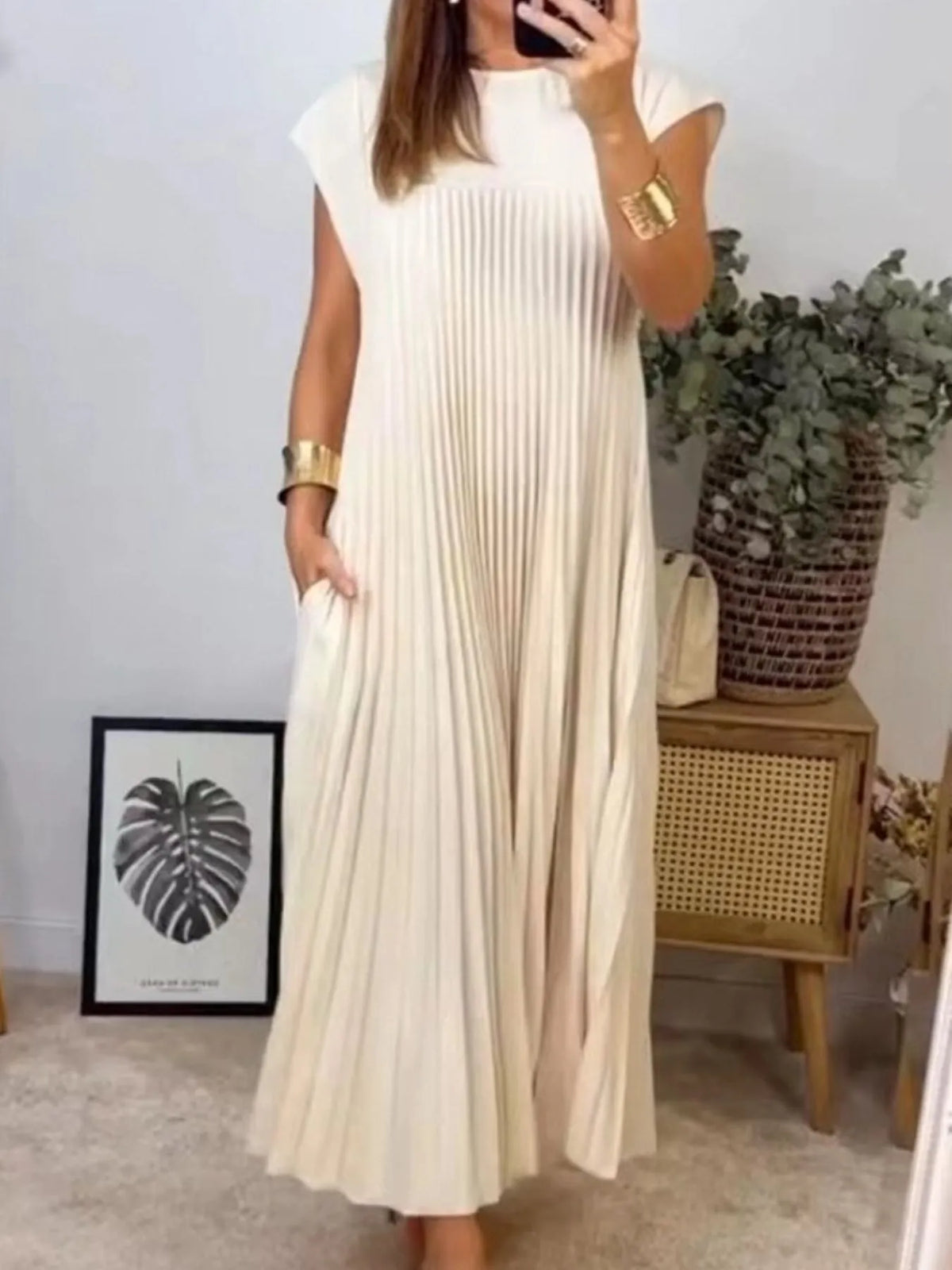 Pleated Round-Neck Maxi Dress with Pockets, Plus Size by Rosaline