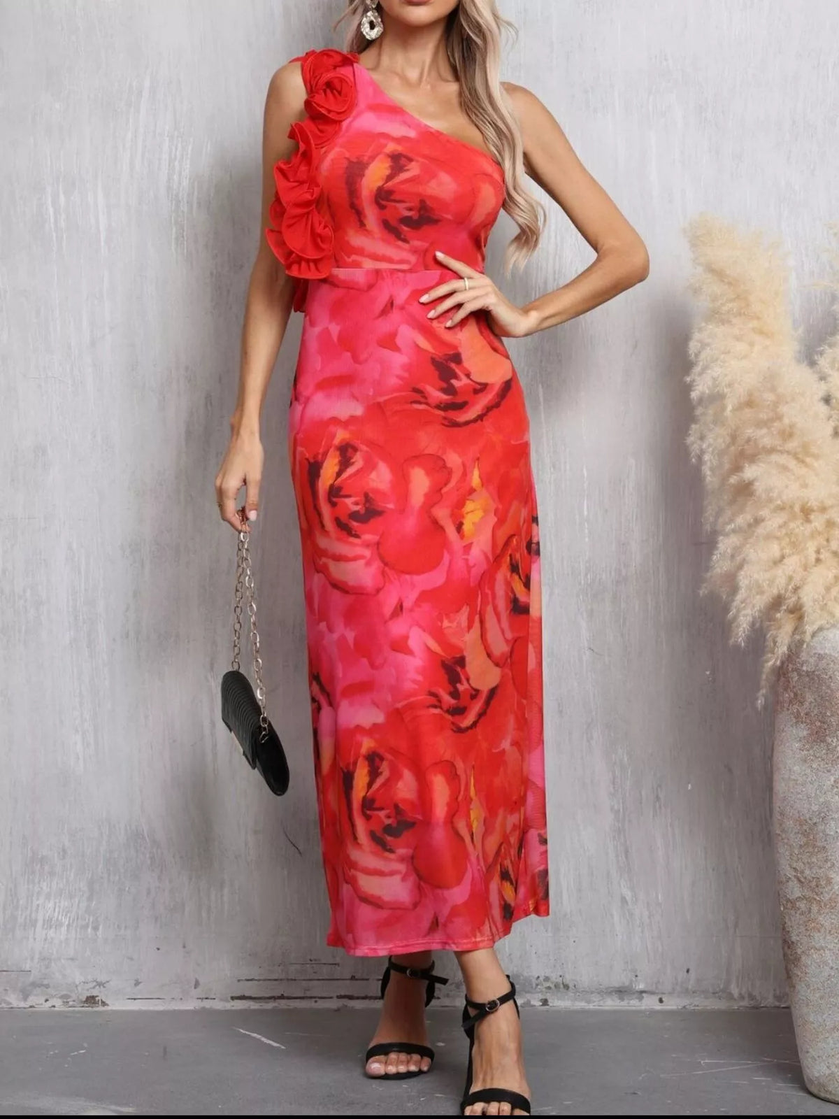 Floral One Shoulder Ruffle Trim Dress in Red