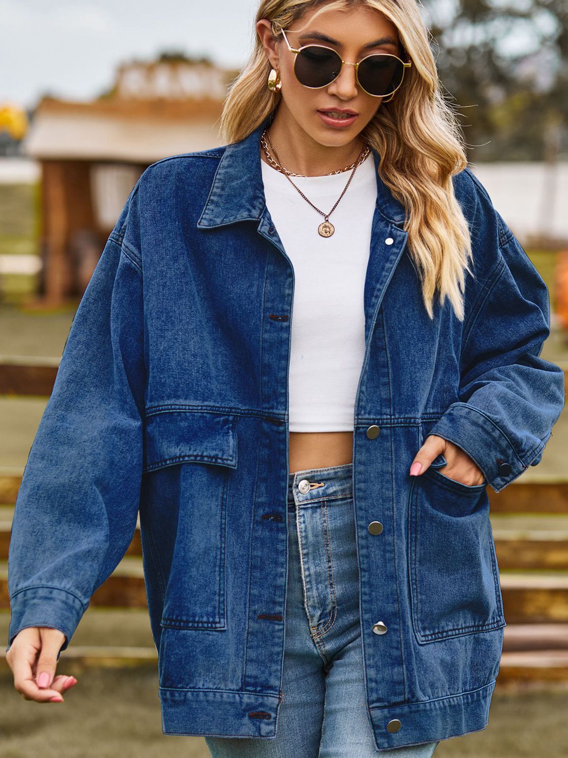 Dropped Shoulder Denim Jacket with Pockets by Manny