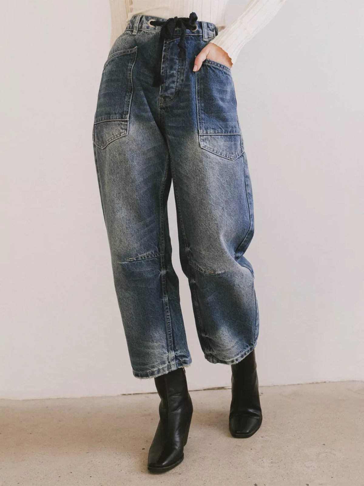 Drawstring Wide Leg Cropped Jeans by Dreamy Drapes