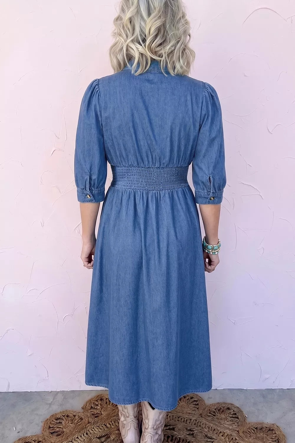 V-Neck Shirred Waist Denim Midi Dress in Peacock Blue in Peacock  Blue