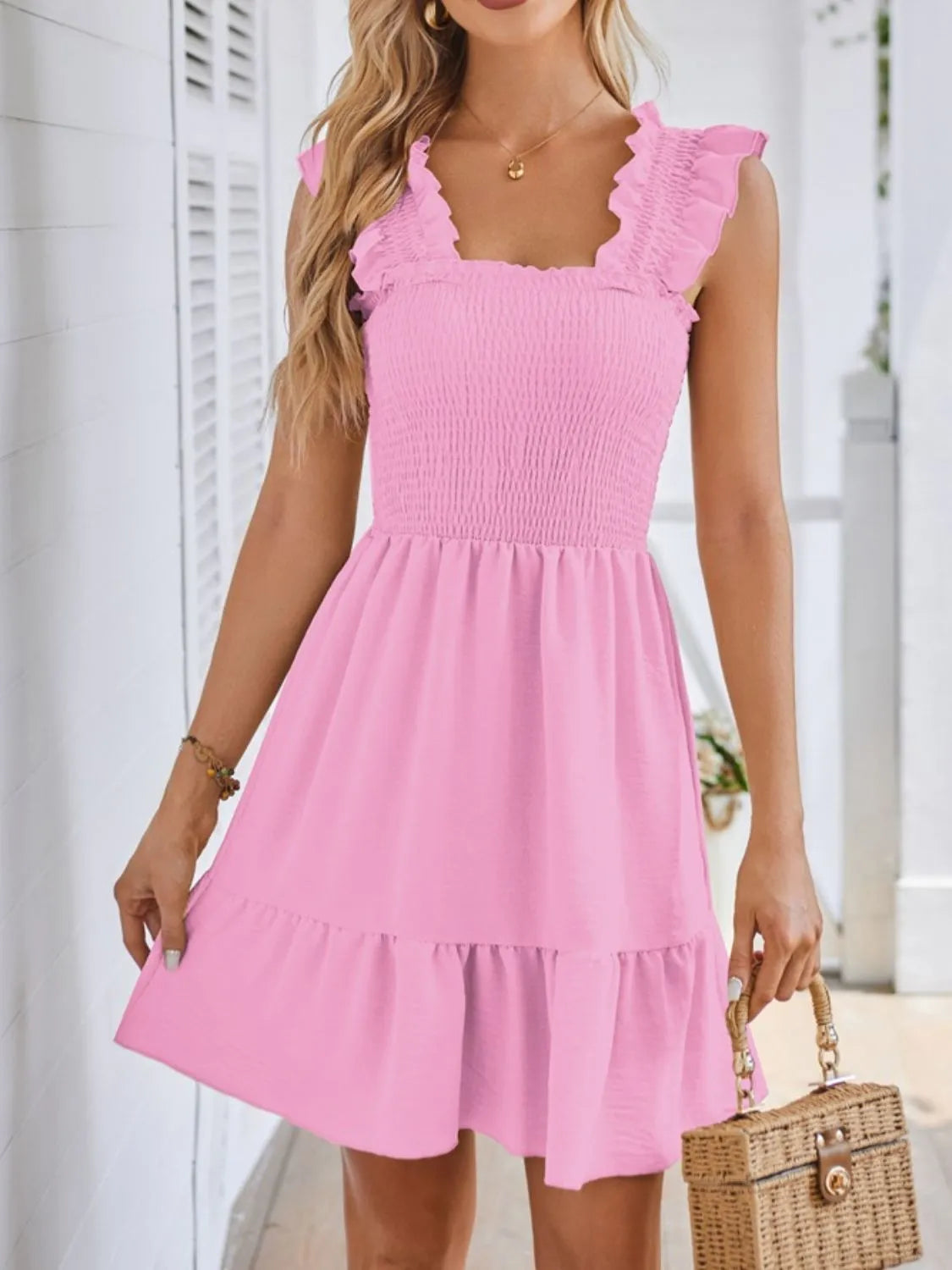 Smocked Square Neck Ruffled Dress in Tan by Gen Beauty