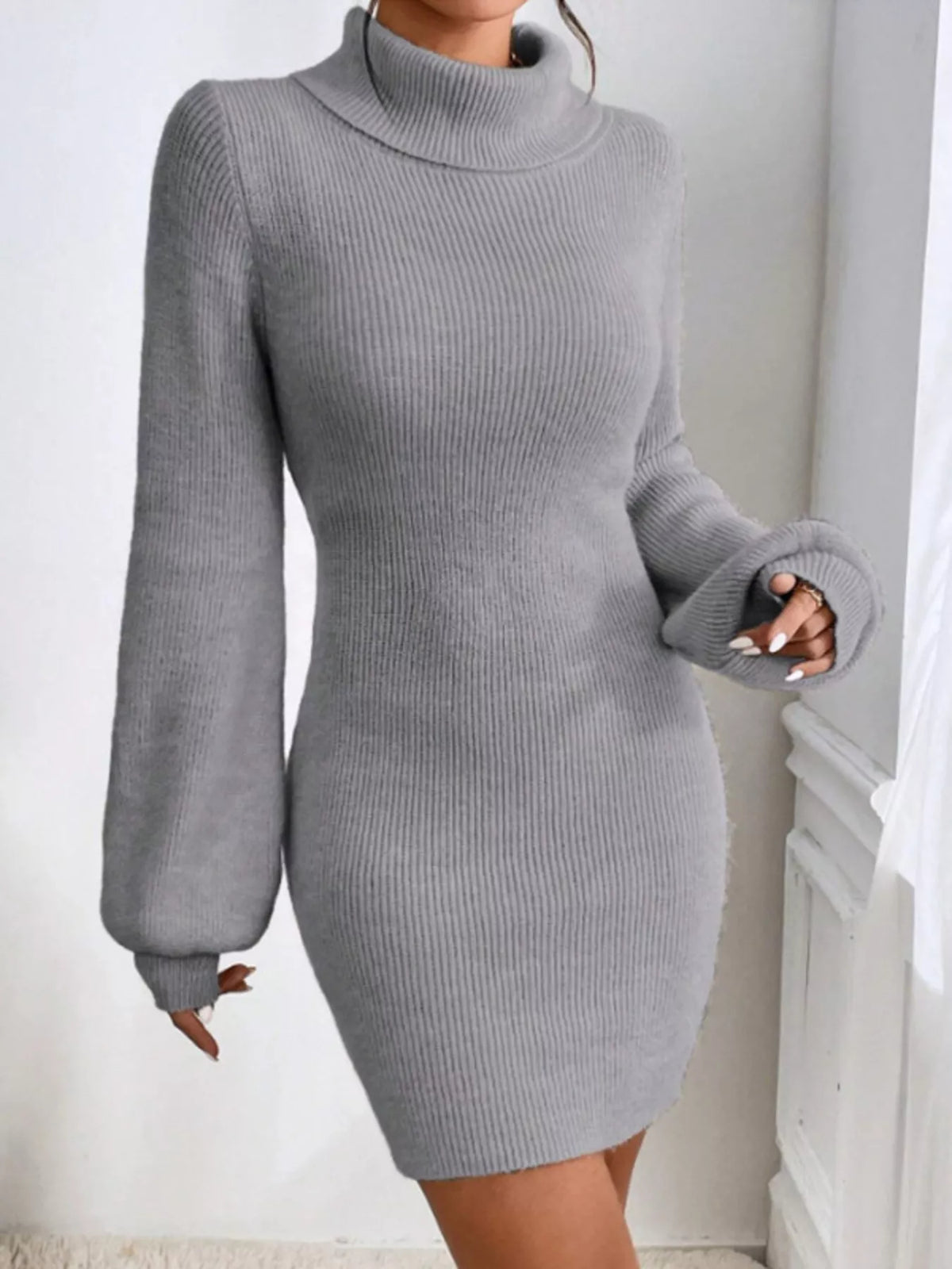Turtleneck Ribbed Knit Sweater Dress